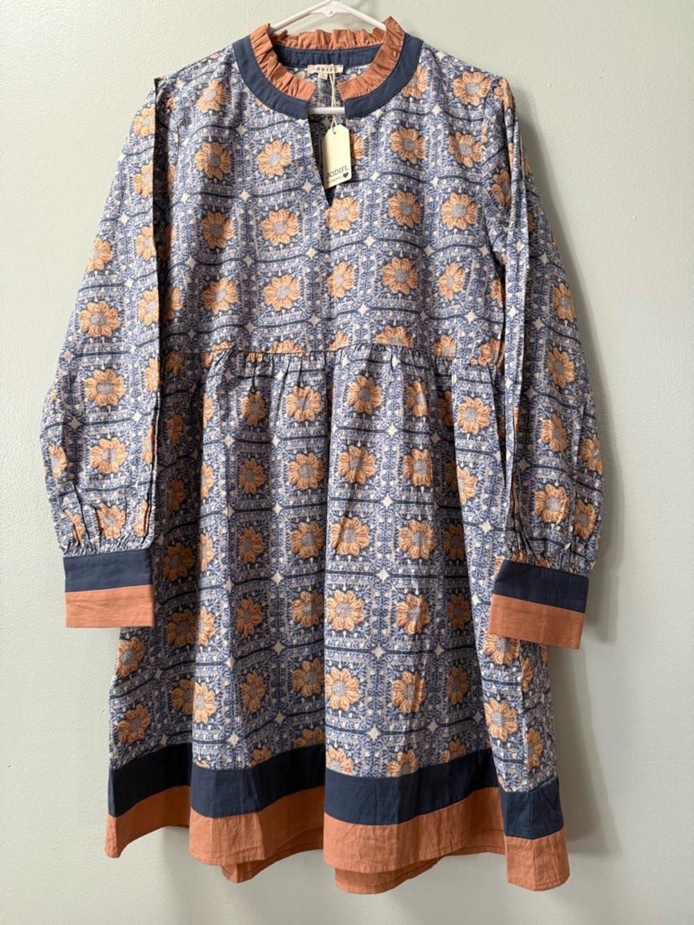 JODIFL Blue Yellow Crochet Print Cotton Long Sleeve Dress with Pockets - Picture 2 of 6